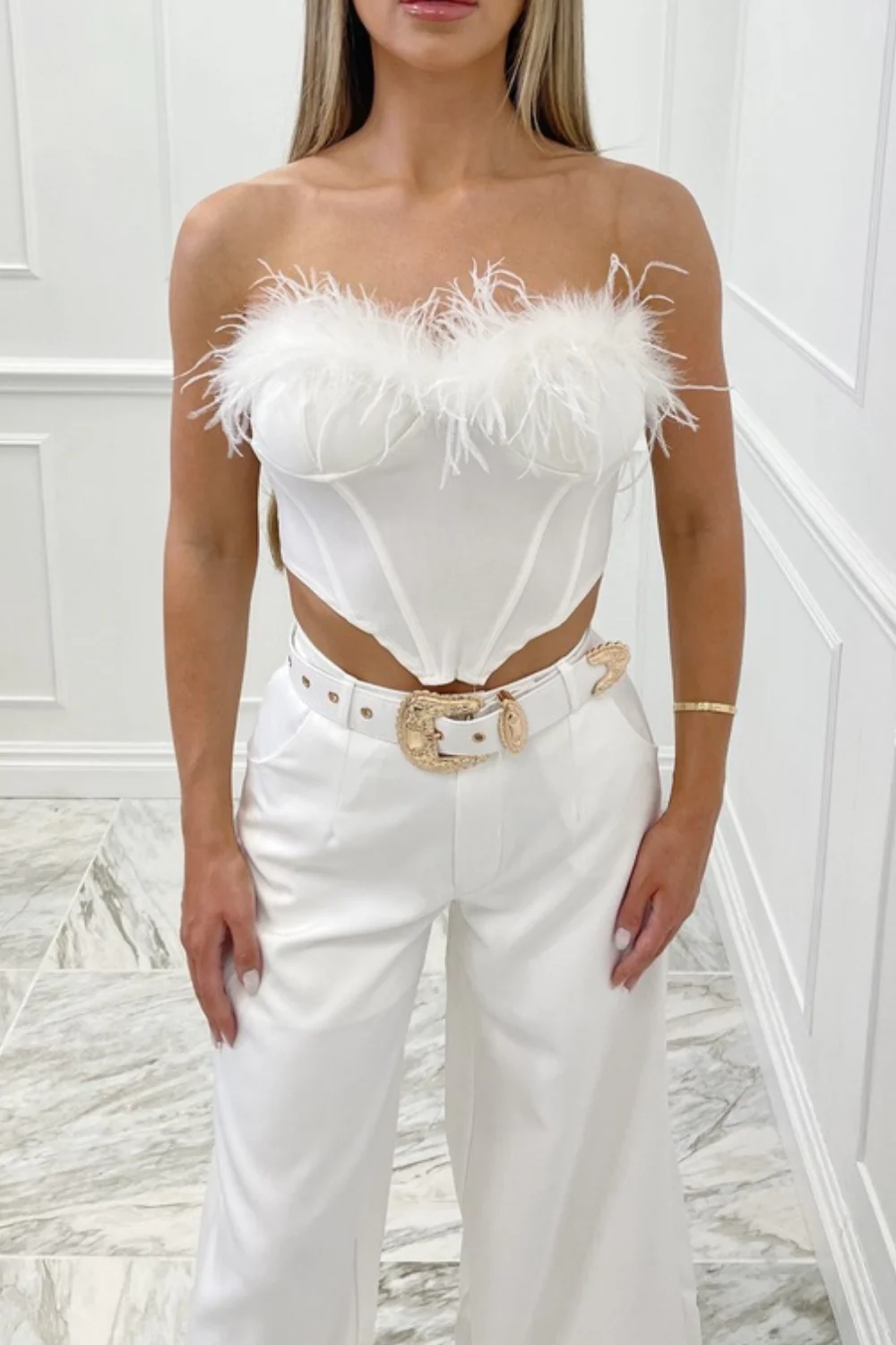 Naida white feather trim corset top
