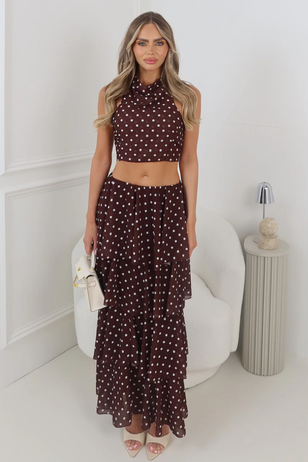 NAOMI CHOCOLATE POLKA DOT RUFFLE MAXI SKIRT & HALTER TOP