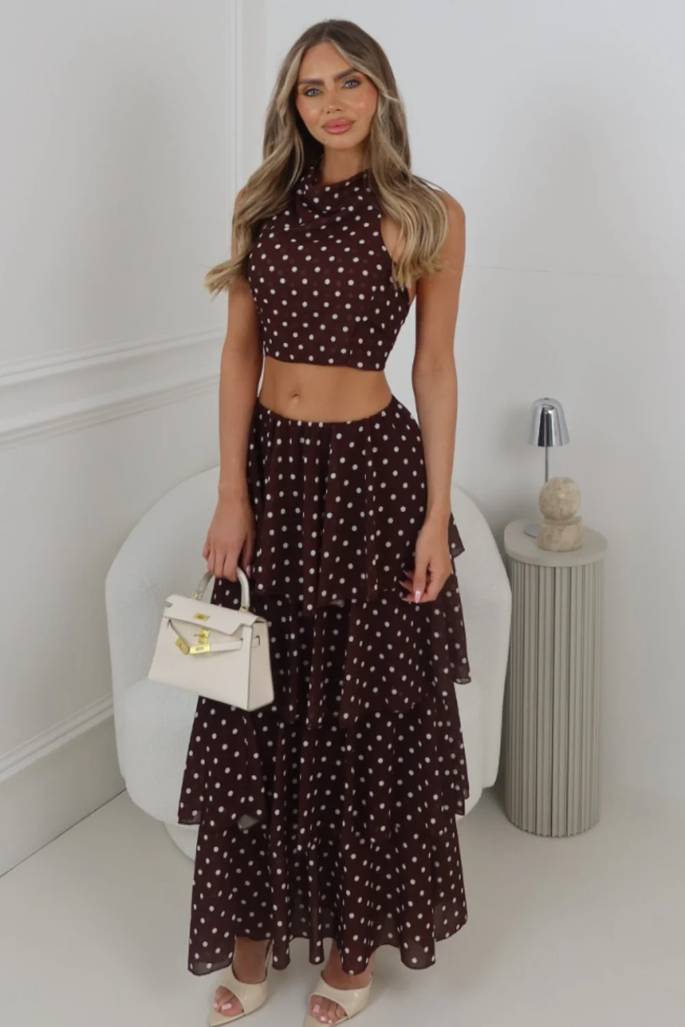 NAOMI CHOCOLATE POLKA DOT RUFFLE MAXI SKIRT & HALTER TOP - Image 2
