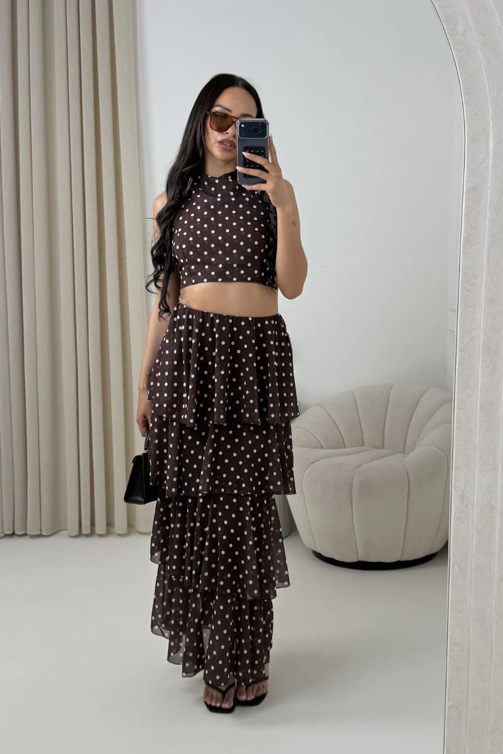 NAOMI CHOCOLATE POLKA DOT RUFFLE MAXI SKIRT & HALTER TOP - Image 3