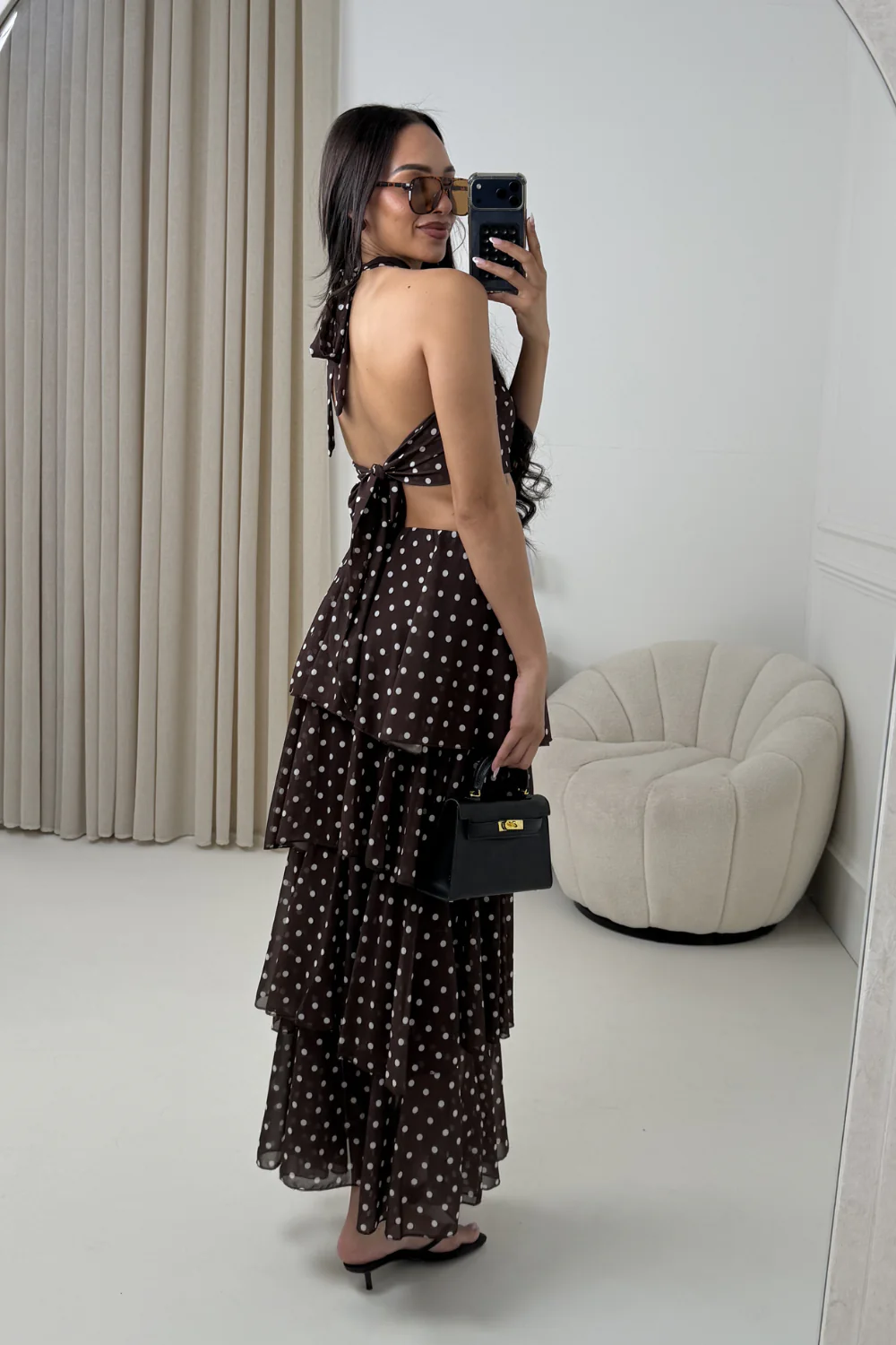 NAOMI CHOCOLATE POLKA DOT RUFFLE MAXI SKIRT & HALTER TOP - Image 4