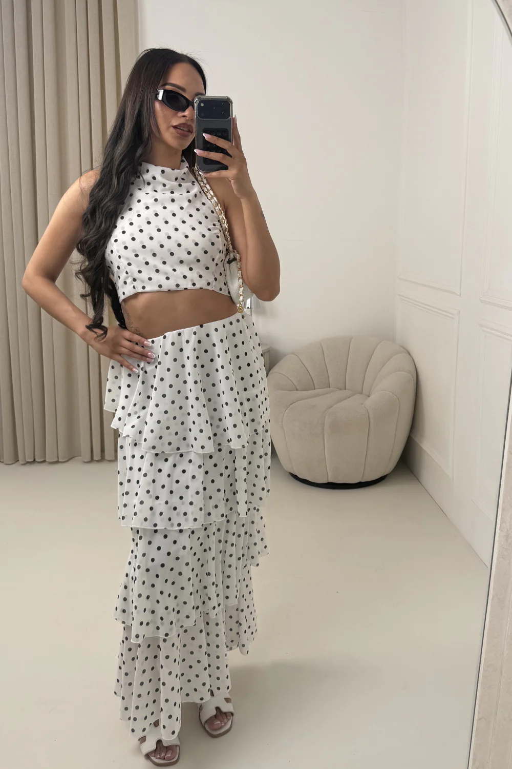 NAOMI CREAM POLKA DOT RUFFLE MAXI SKIRT & HALTER TOP - Image 2
