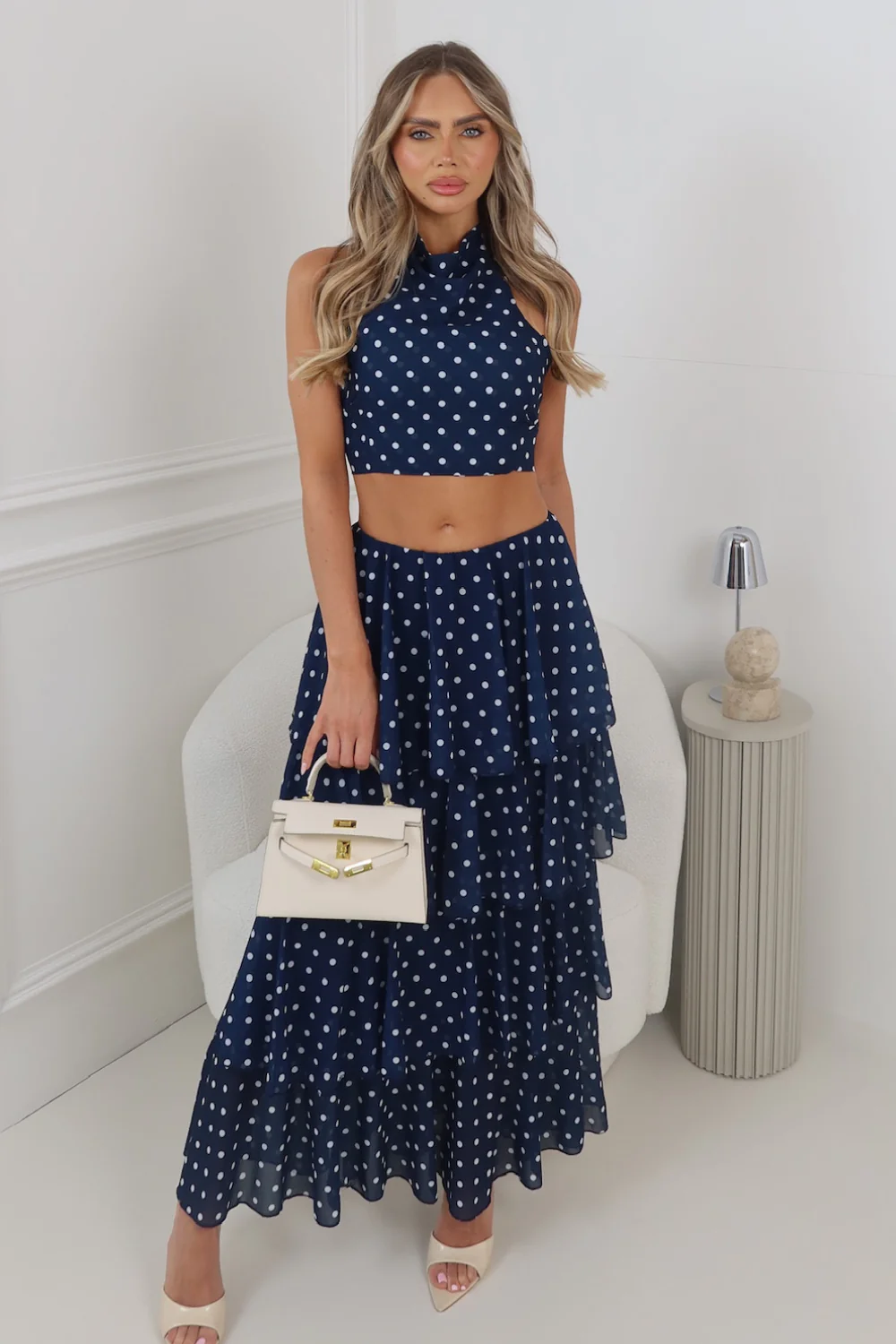 NAOMI NAVY POLKA DOT RUFFLE MAXI SKIRT & HALTER TOP - Image 2