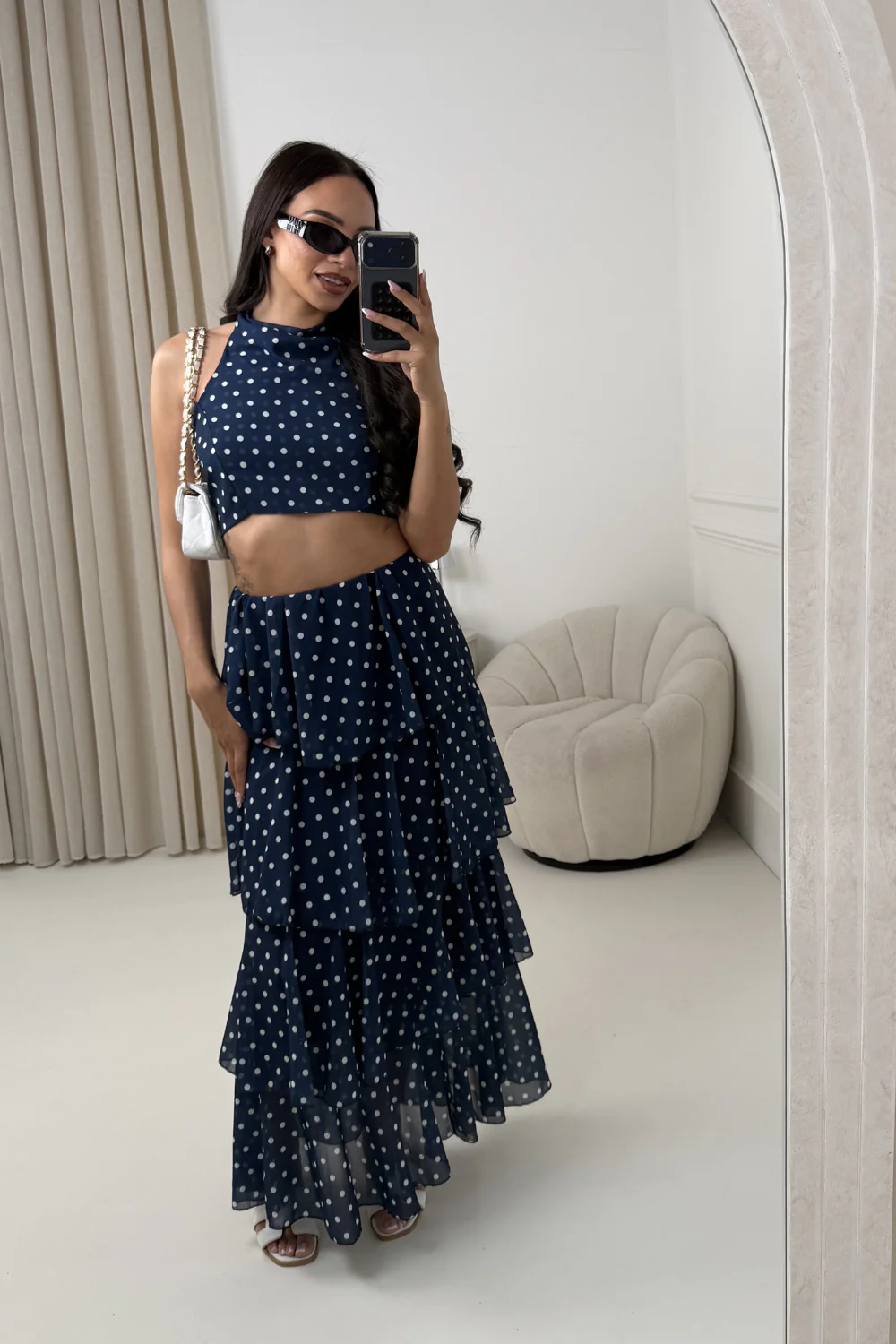 NAOMI NAVY POLKA DOT RUFFLE MAXI SKIRT & HALTER TOP - Image 3