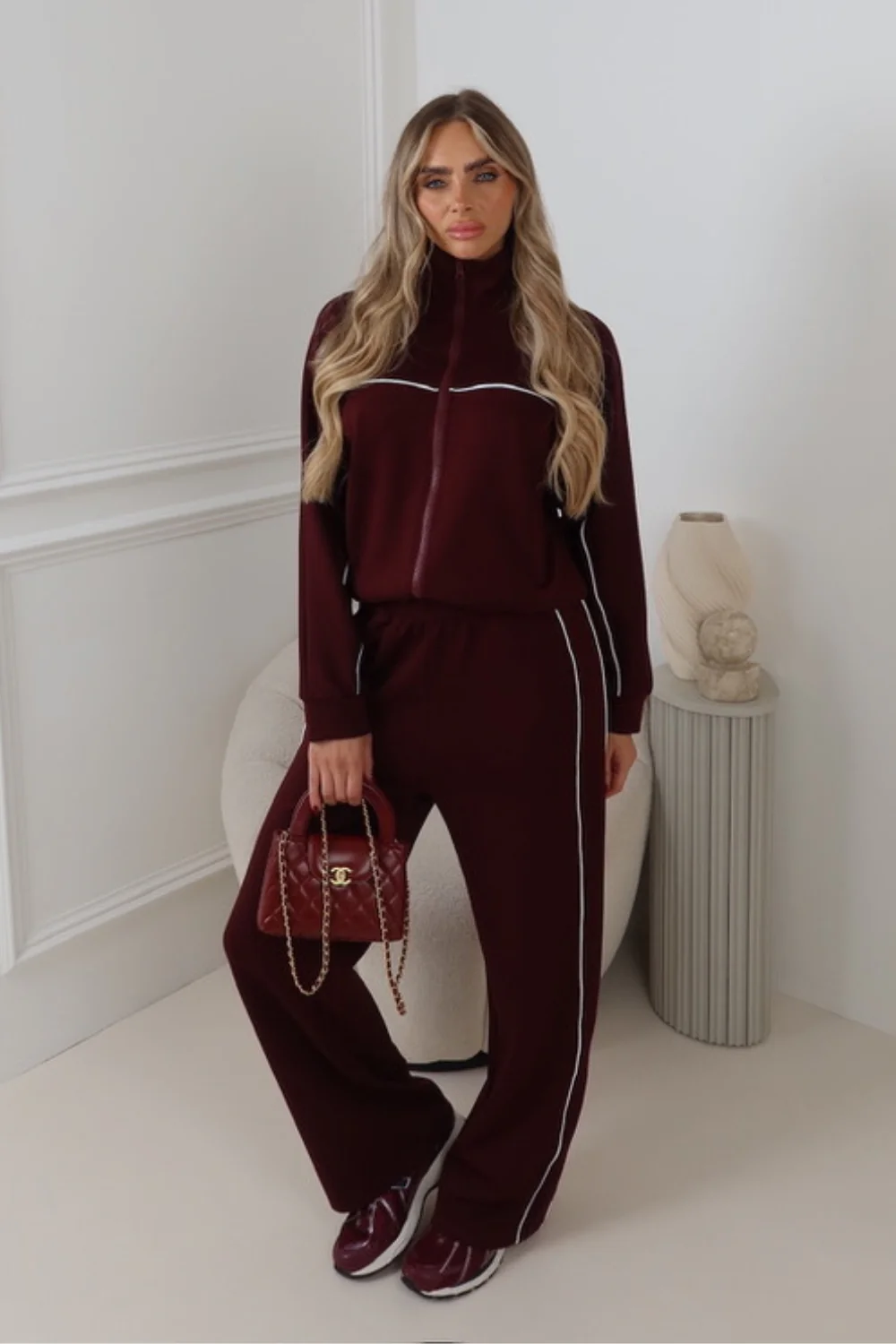 NAVEAH BURGUNDY PIPING ZIP JACKET & TROUSER LOUNGWEAR