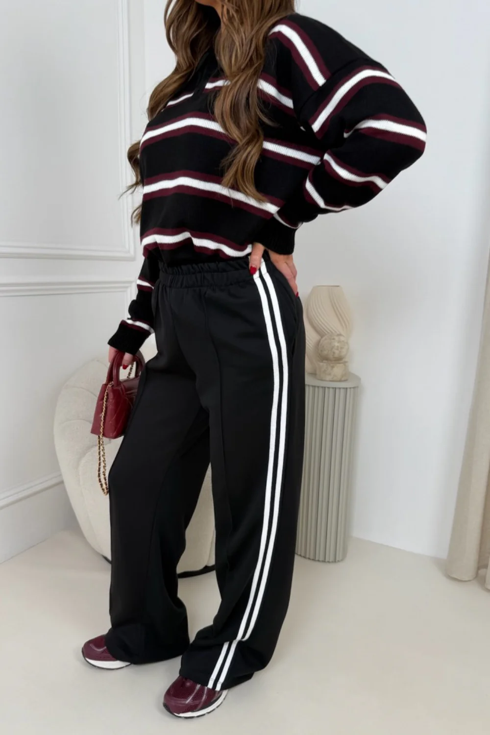 NELLO BLACK STRIPED SIDED WIDE LEG JOGGERS - Image 2