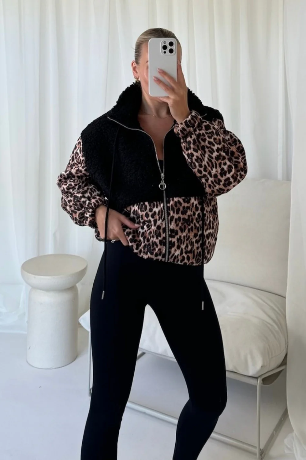 Nelly black teddy leopard zip up jacket