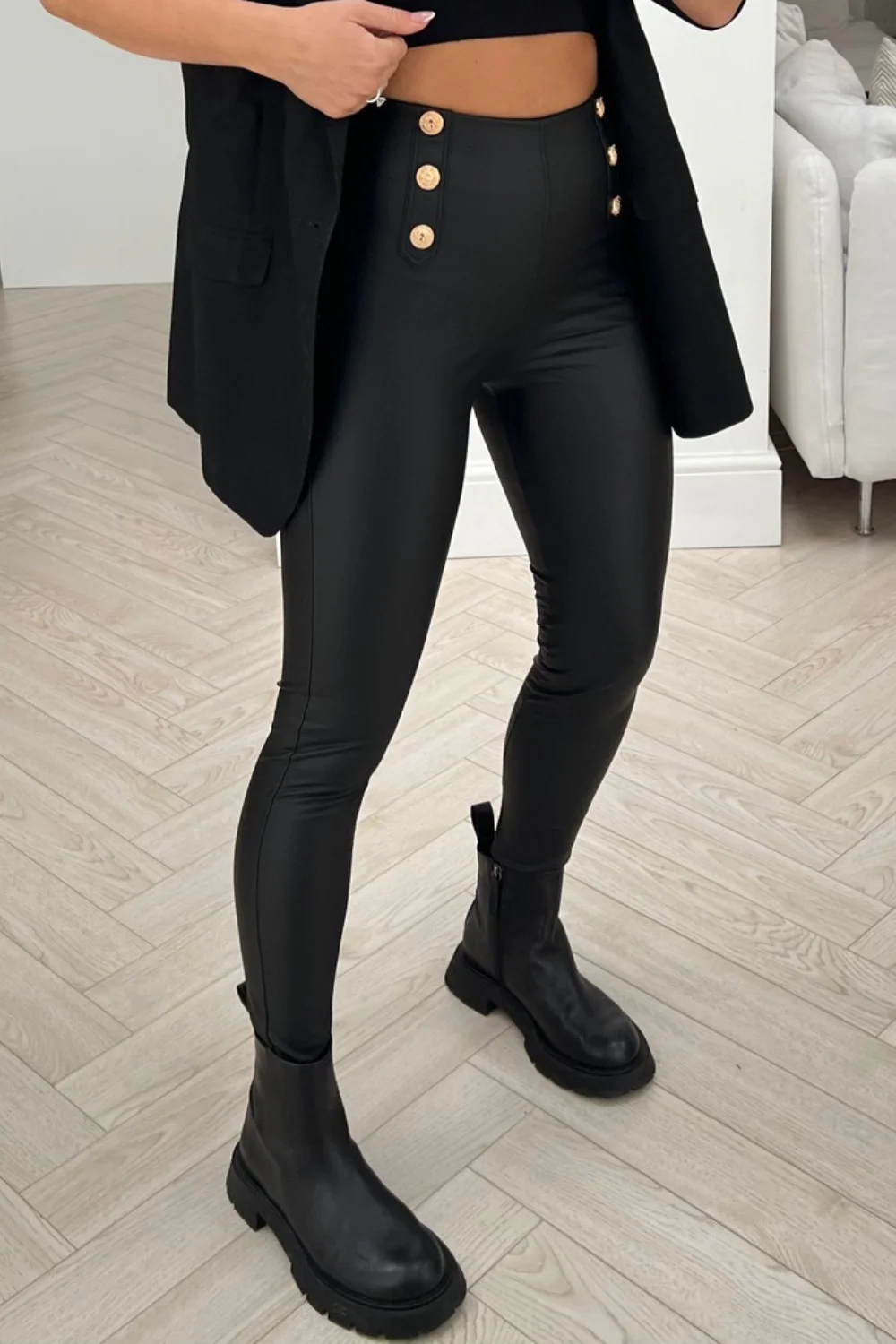 Neve black gold button pu leggings