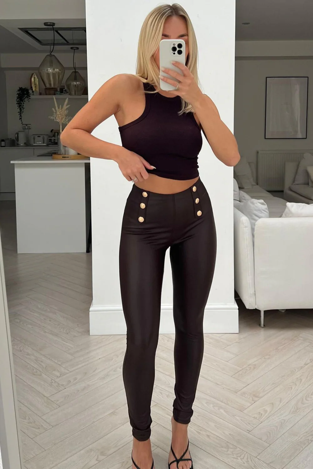 Neve chocolate gold button pu leggings - Image 3
