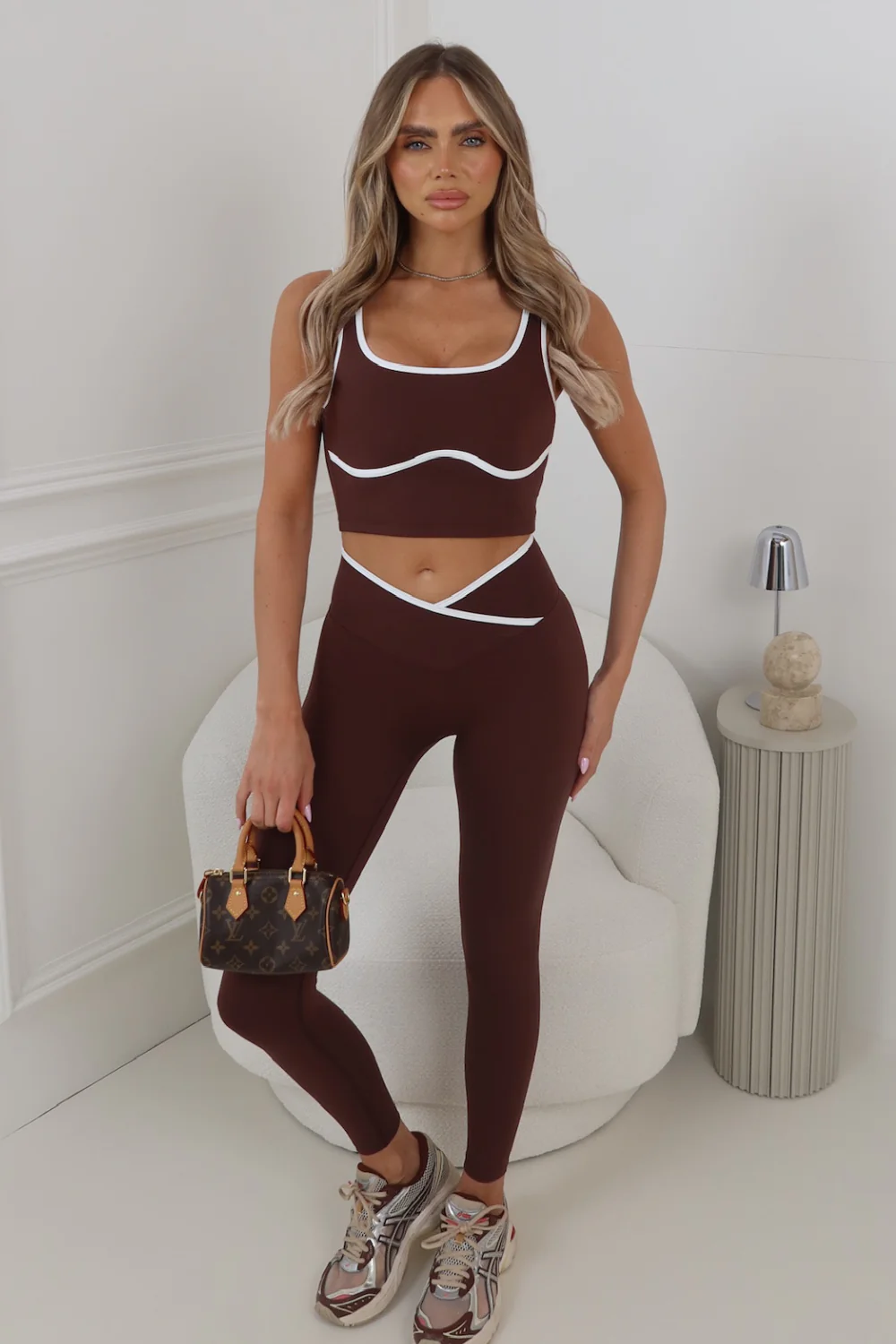 NEVE CHOCOLATE PIPING LEGGINGS & CROP ACTIVEWEAR SET