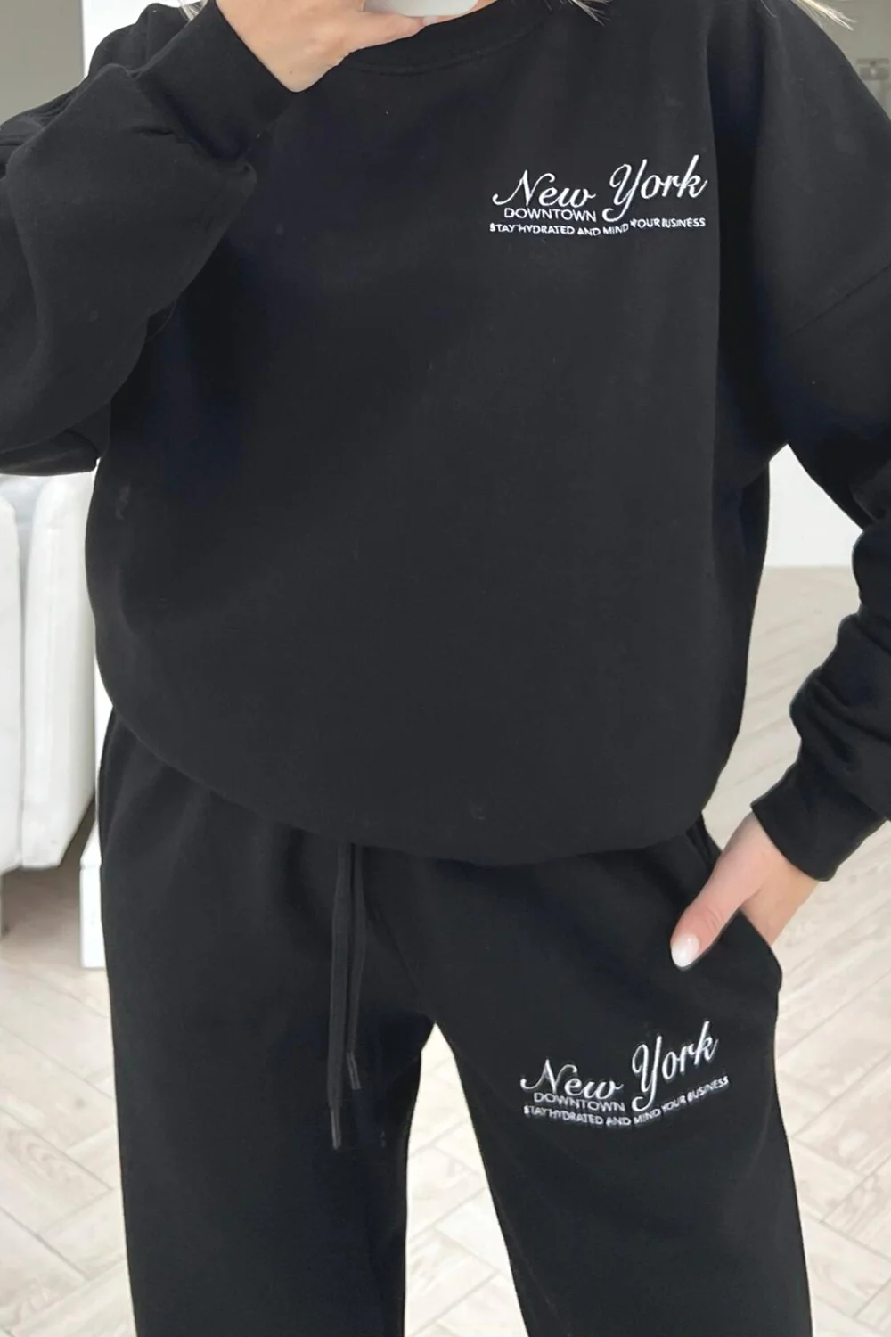 New York Downtown black embroidered sweater loungewear set - Image 3