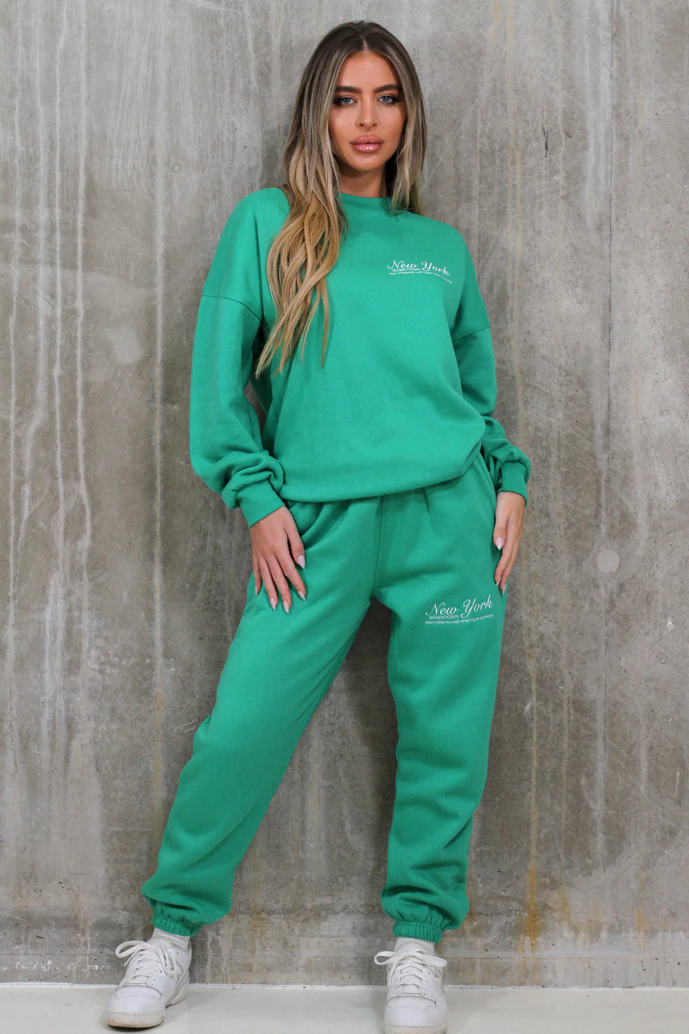 New York green print & embroidered sweater jogger loungewear set