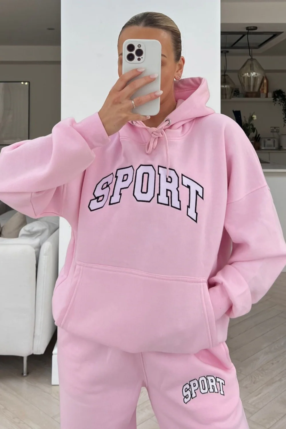 sport pink & white embroidered hoodie loungewear set - Image 2