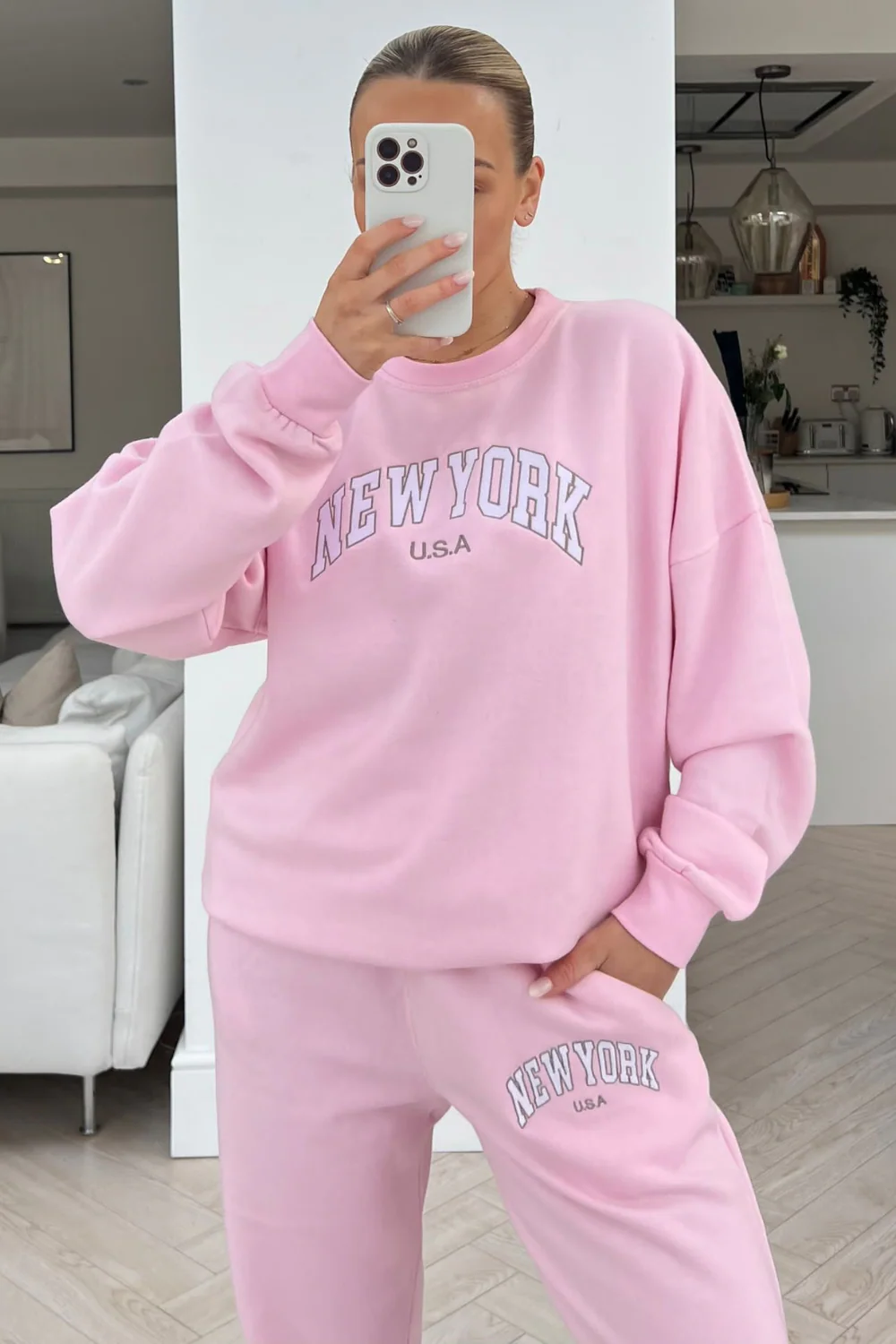new york pink & white embroidered sweater loungewear set - Image 2