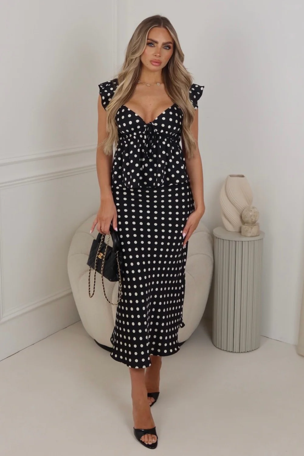 Niamh black polka dot low cut satin top - Image 3