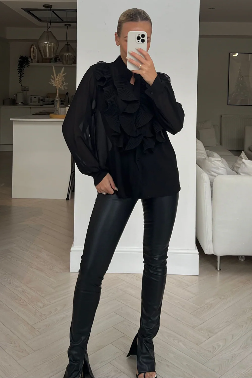 Nina black frill front long sleeve blouse - Image 2