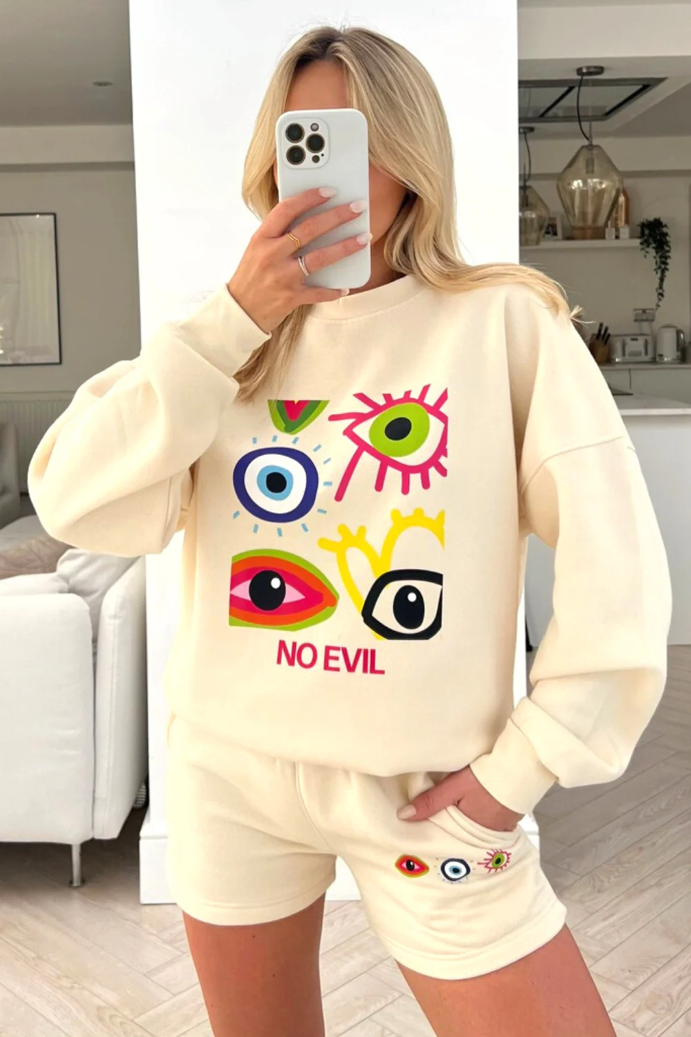 No evil ecru Printed sweater short loungewear set