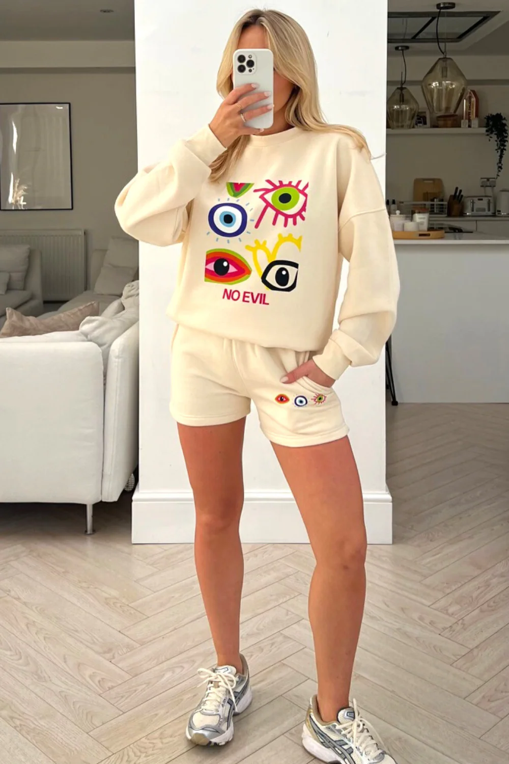 No evil ecru Printed sweater short loungewear set - Image 2