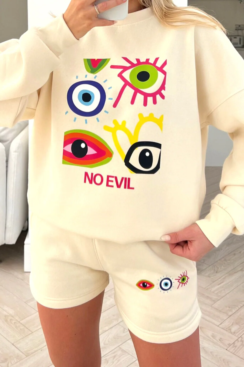 No evil ecru Printed sweater short loungewear set - Image 3