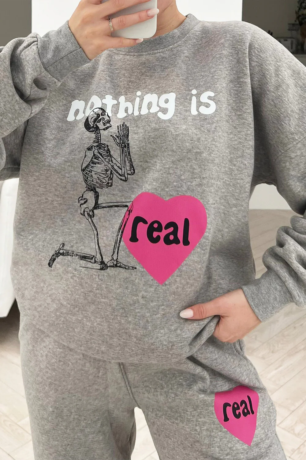 Nothing is real grey printed sweater loungewear set - Image 2