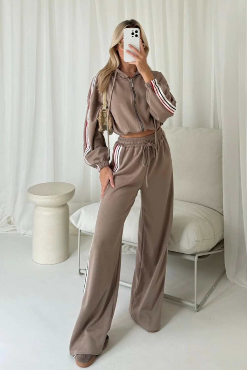 Nova beige striped zip through lounge co ord