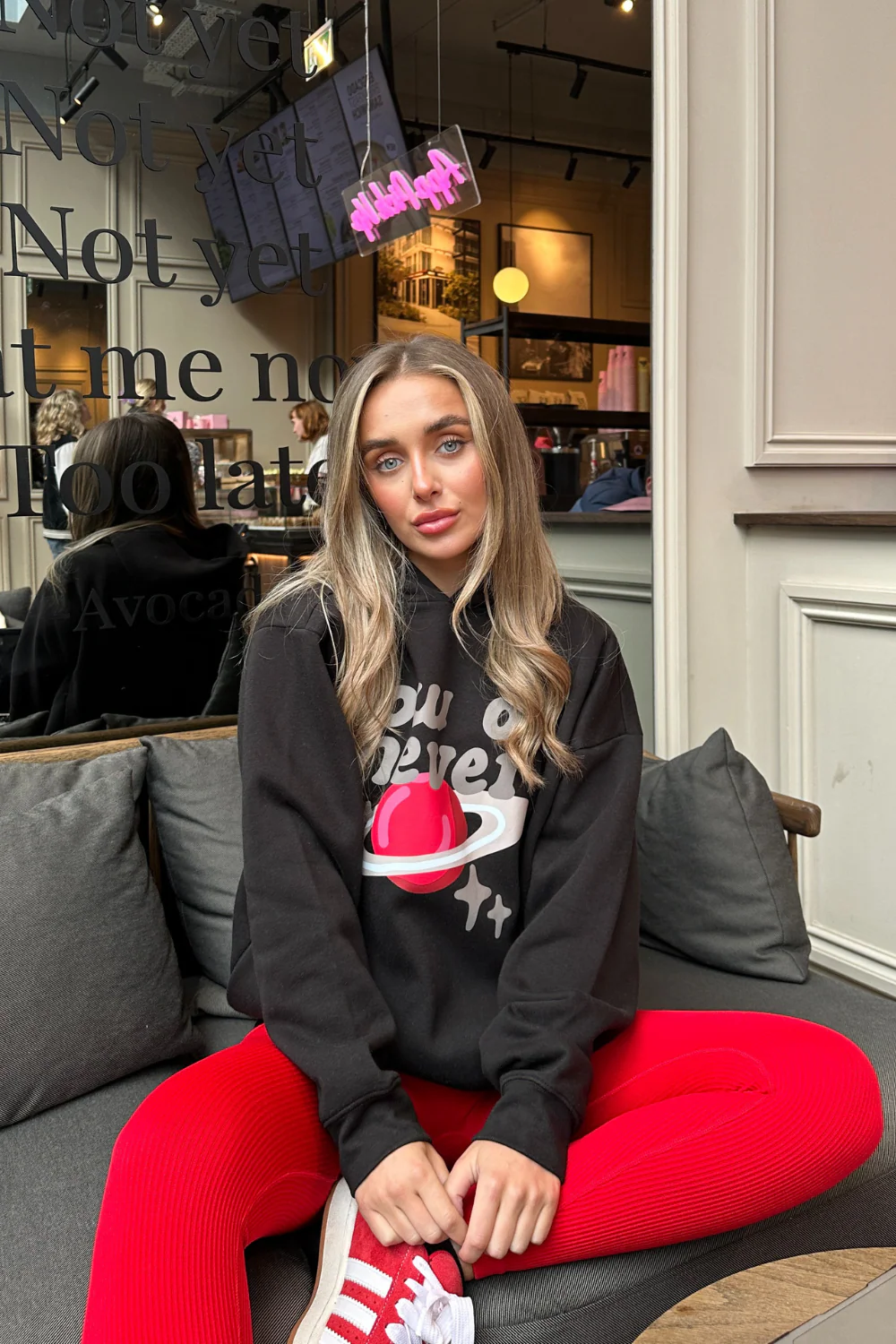 Now or never black printed hoodie and red legging set - Image 2