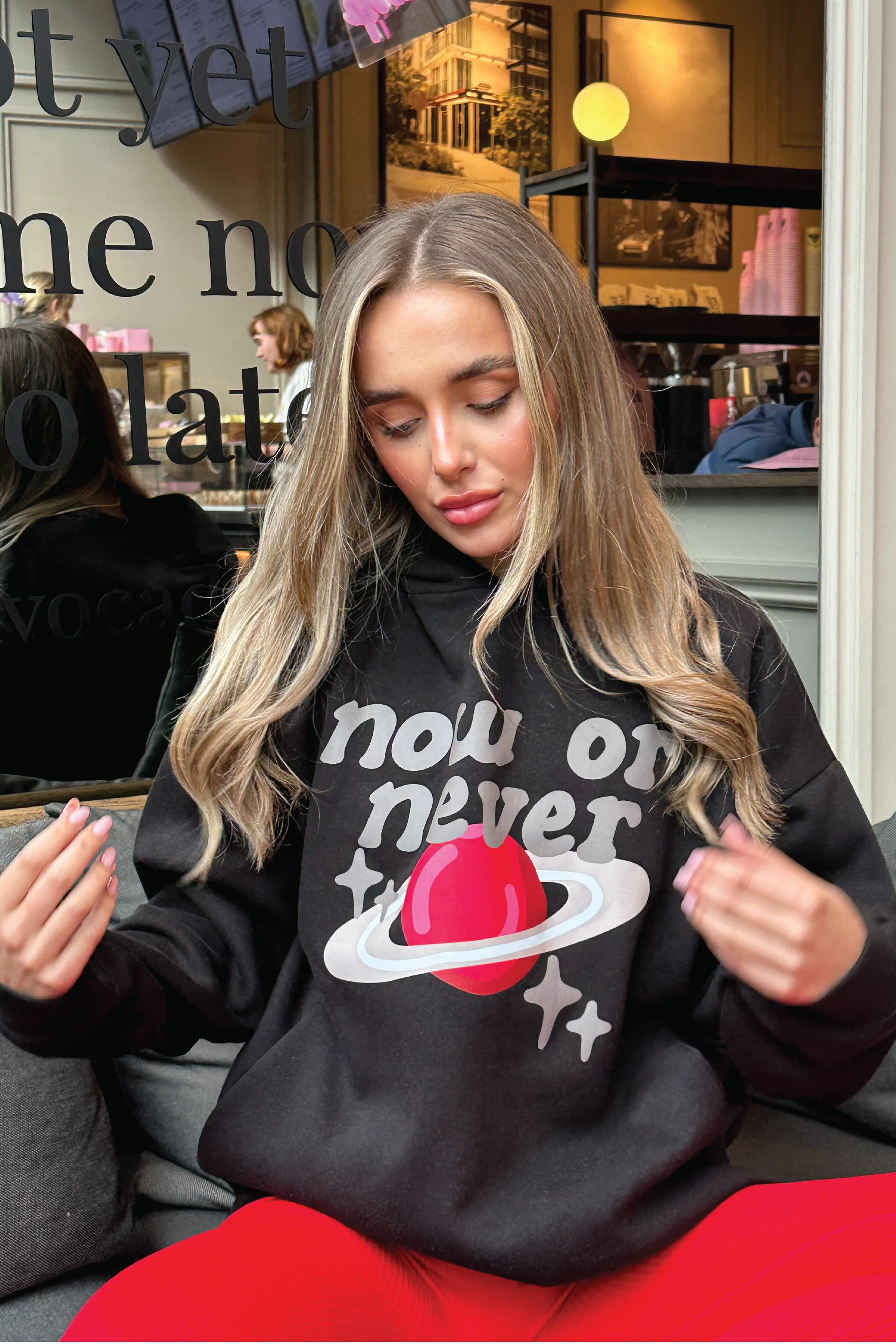 Now or never black printed hoodie and red legging set - Image 3