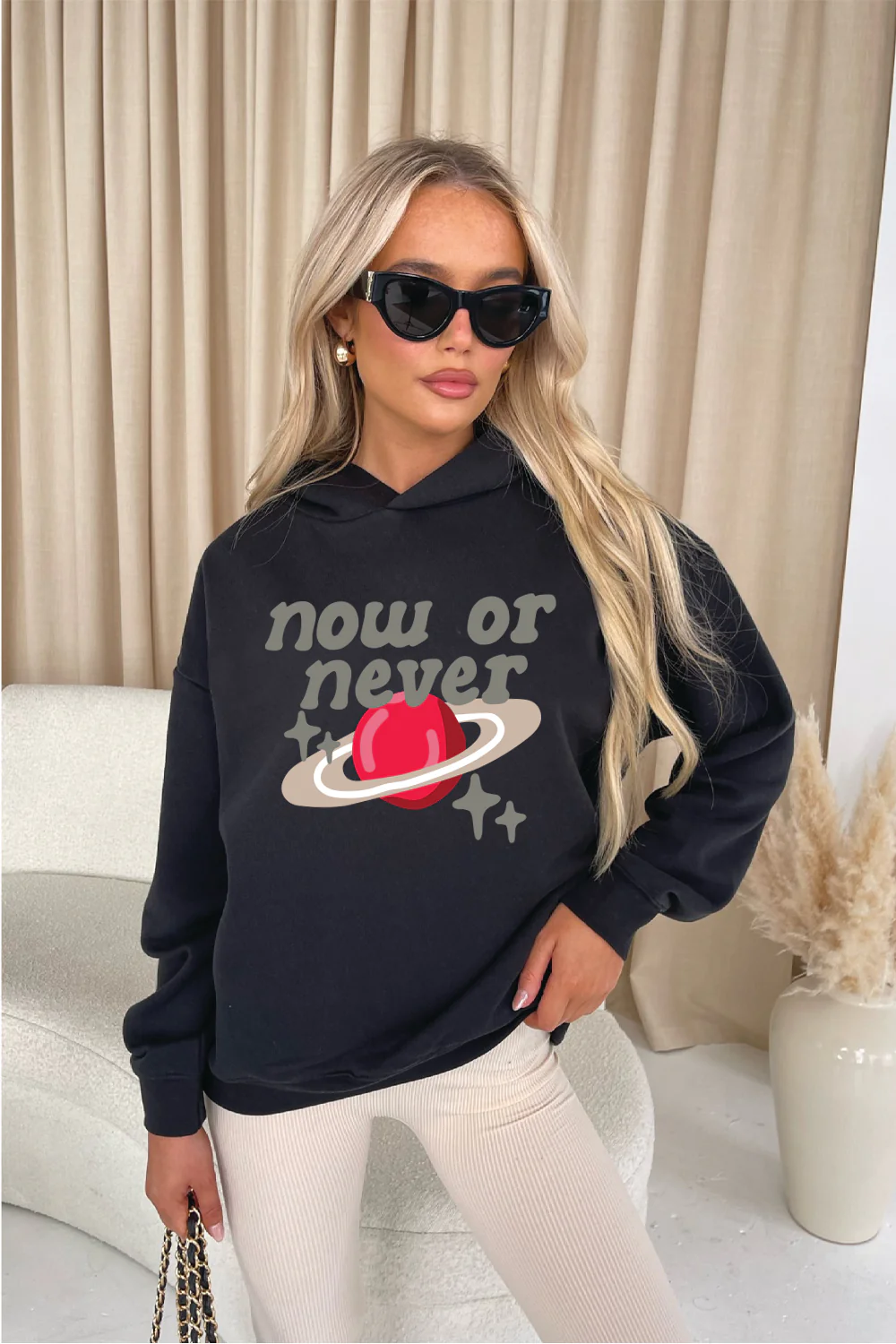 Now or never black printed  relaxed hoodie - Image 2