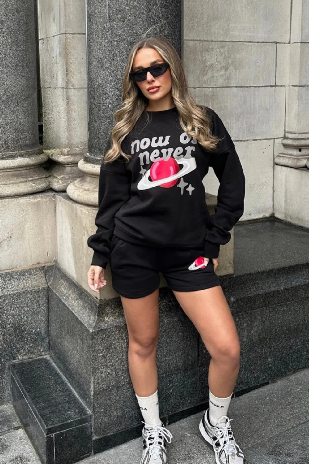 Now or never black printed sweater shorts loungewear - Image 2