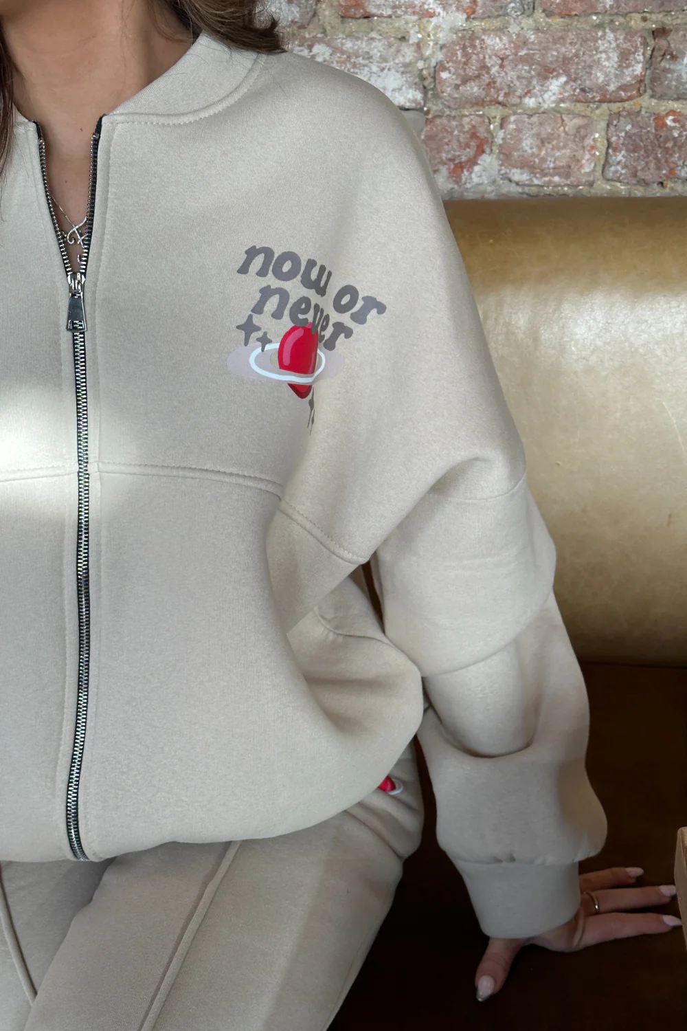 Now or never bone printed bomber jacket and straight leg jogger - Image 2