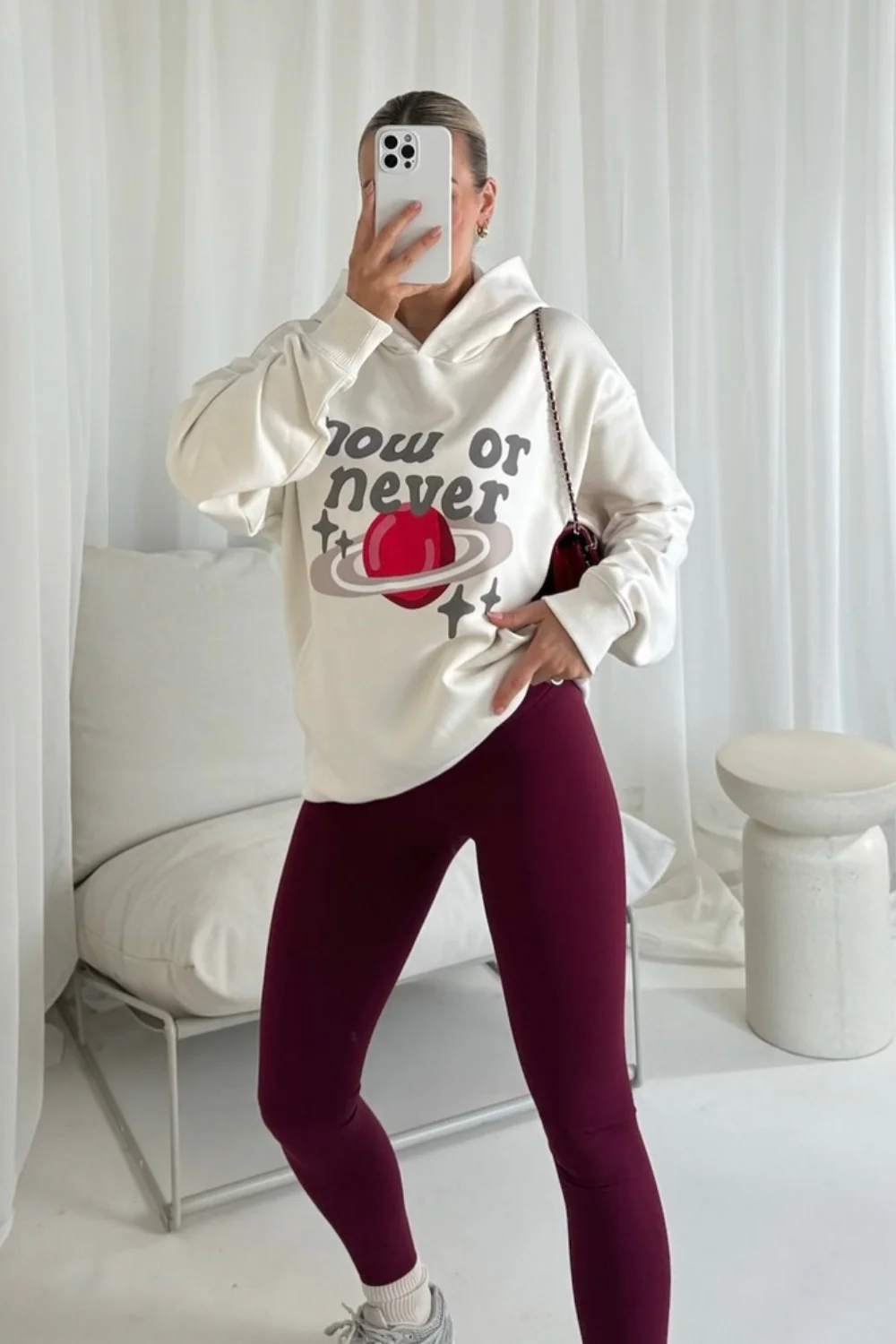 Now or never ecru printed premium relaxed hoodie
