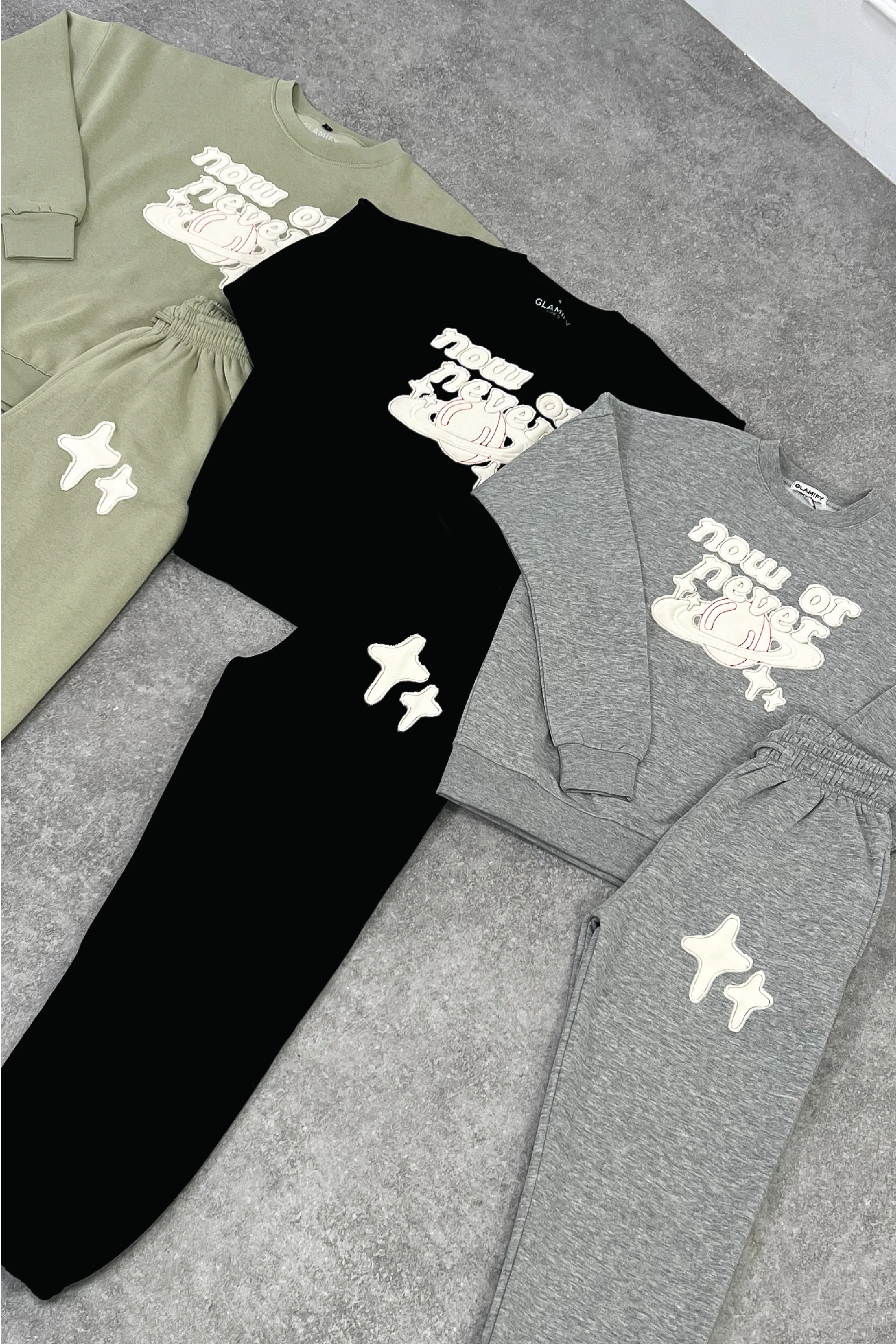 Now or never melange grey embroidered sweater joggers premium loungewear - Image 2