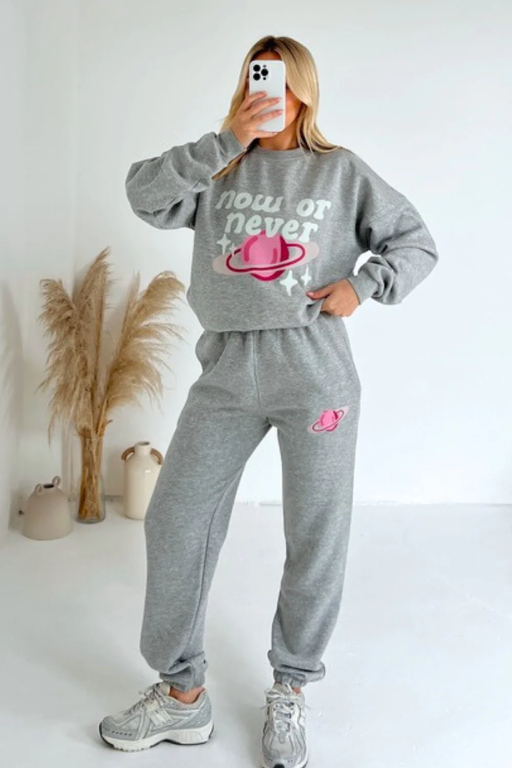 now or never melange grey printed sweater joggers premium loungewear - Image 3