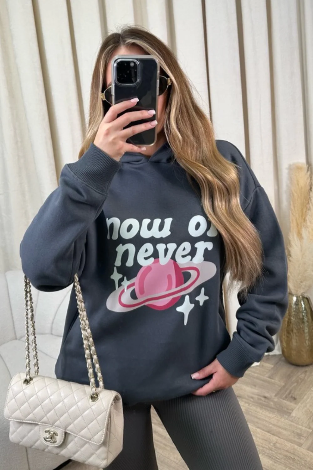 Now or never steel grey printed  relaxed hoodie