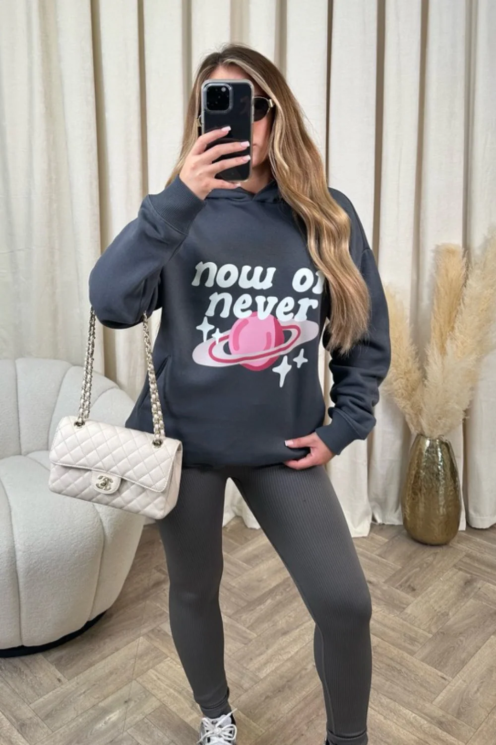 Now or never steel grey printed  relaxed hoodie - Image 2