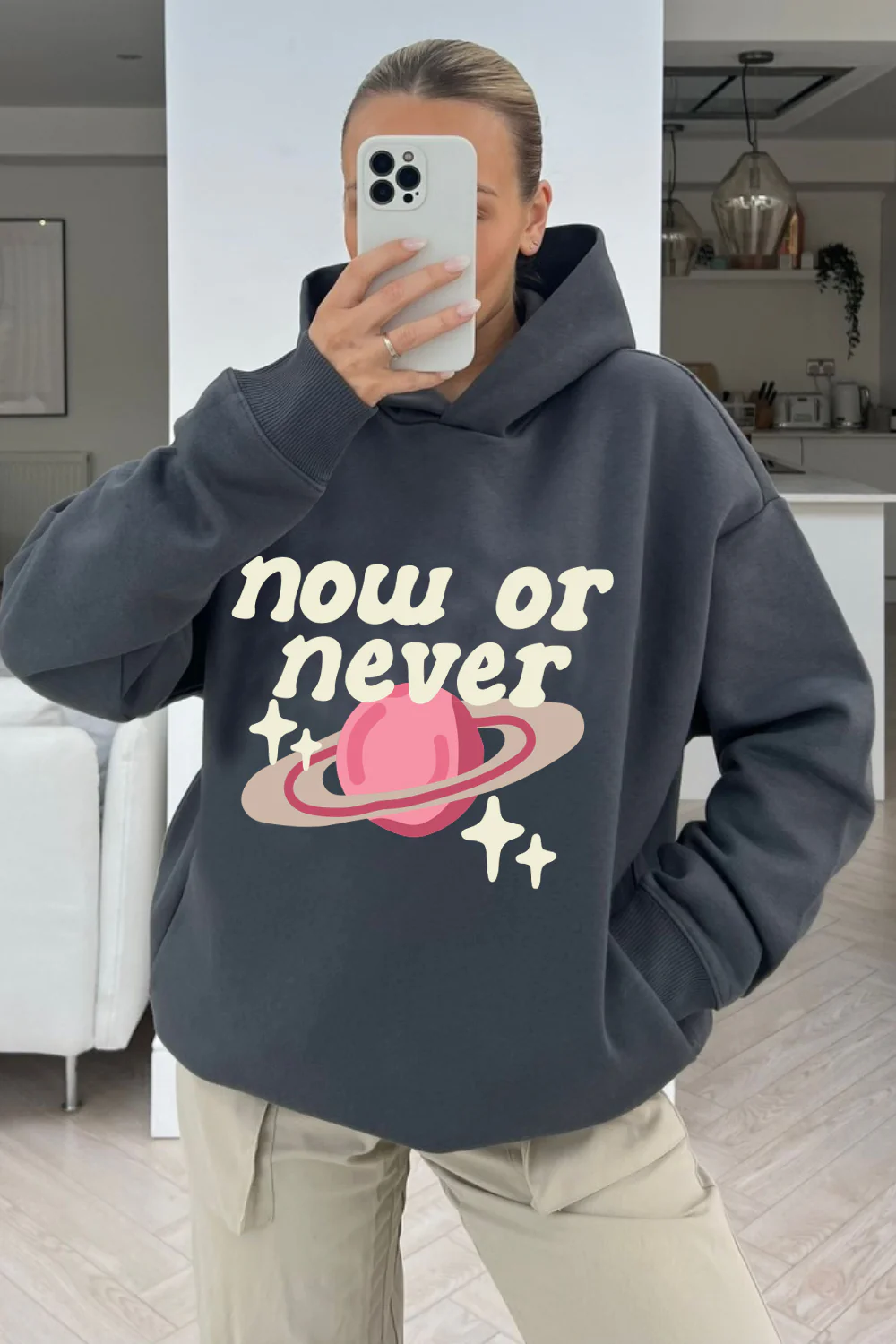 Now or never steel grey printed  relaxed hoodie - Image 3
