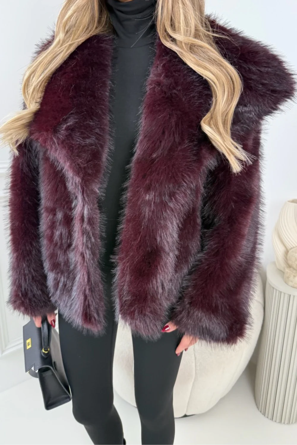 OLIVIA DARK CHERRY FAUX FUR COAT - Image 2