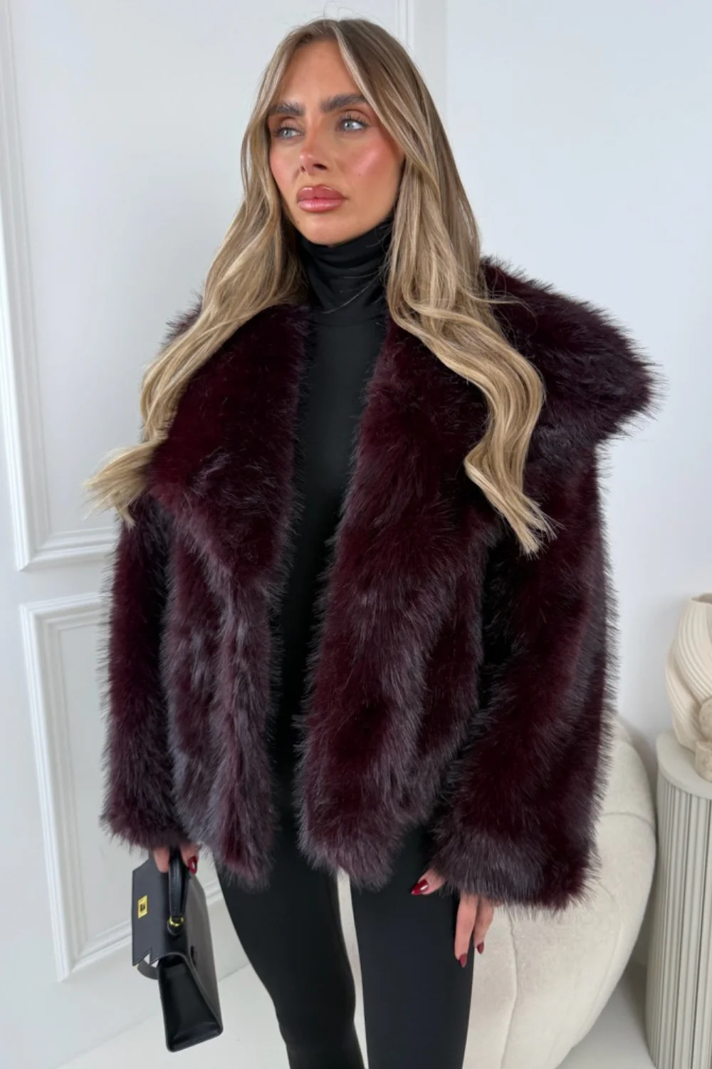 OLIVIA DARK CHERRY FAUX FUR COAT - Image 3