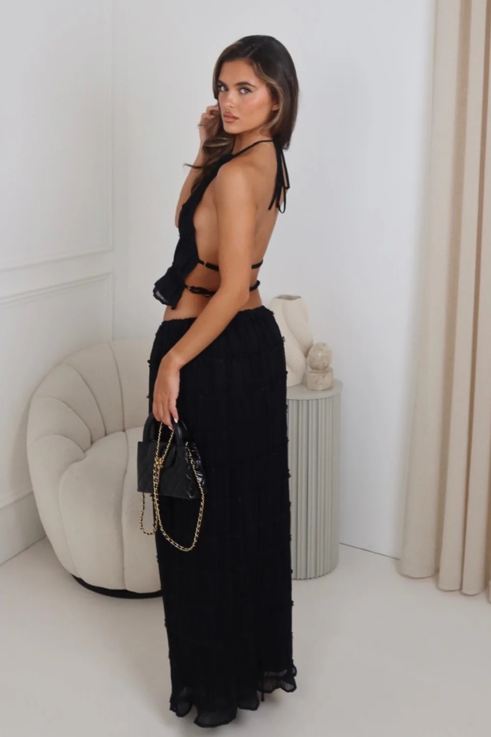 Ophelia black chiffon open back top & maxi skirt co ord - Image 2
