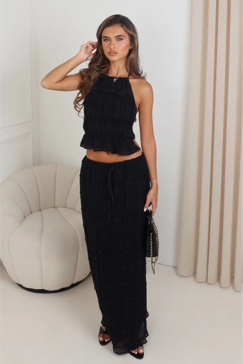 Ophelia black chiffon open back top & maxi skirt co ord - Image 3
