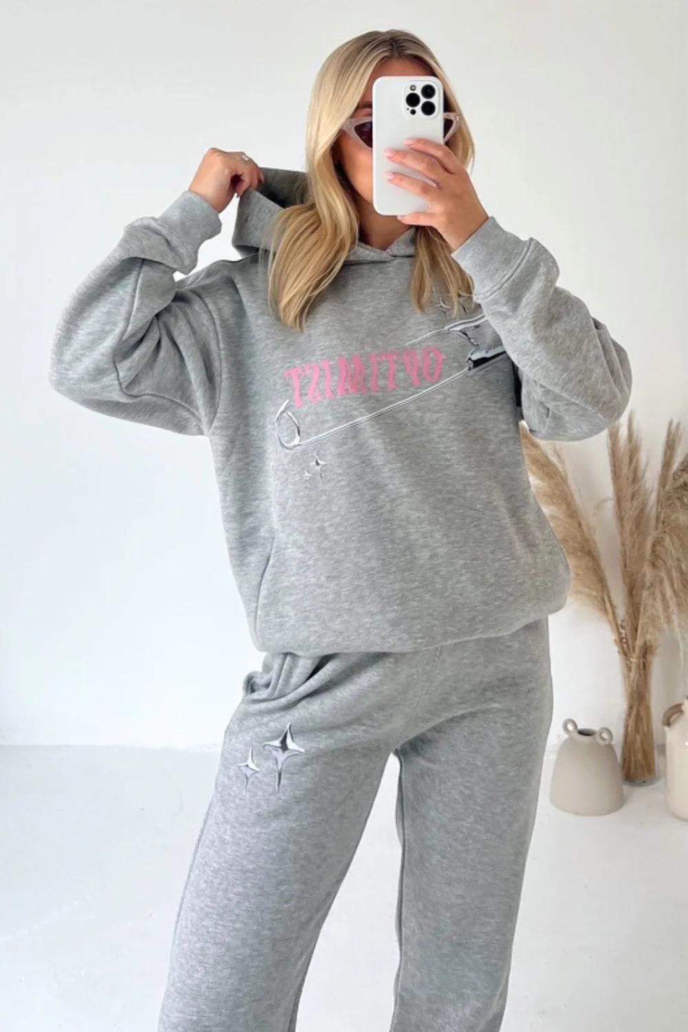 Optimist melange grey printed hoodie joggers premium loungewear - Image 3