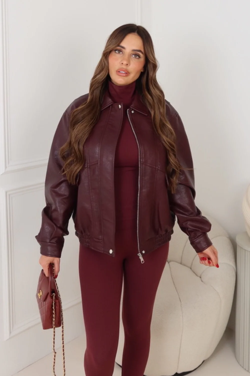 ORLA BURGUNDY FAUX LEATHER BOMBER JACKET - Image 2