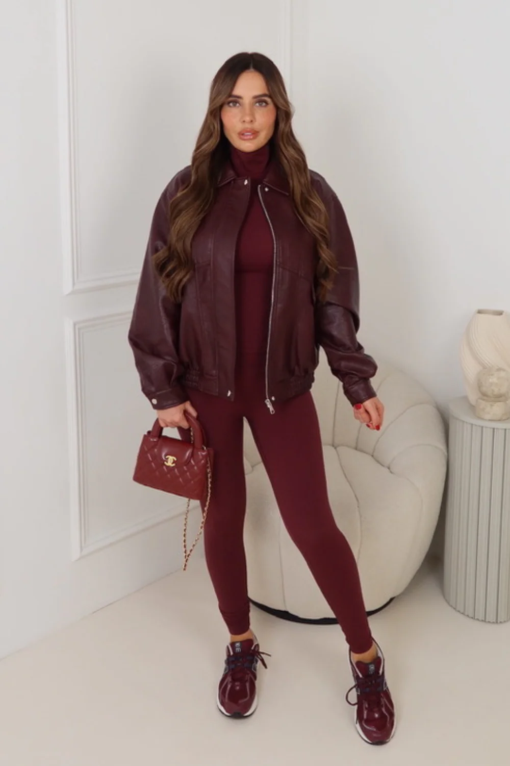 ORLA BURGUNDY FAUX LEATHER BOMBER JACKET - Image 3