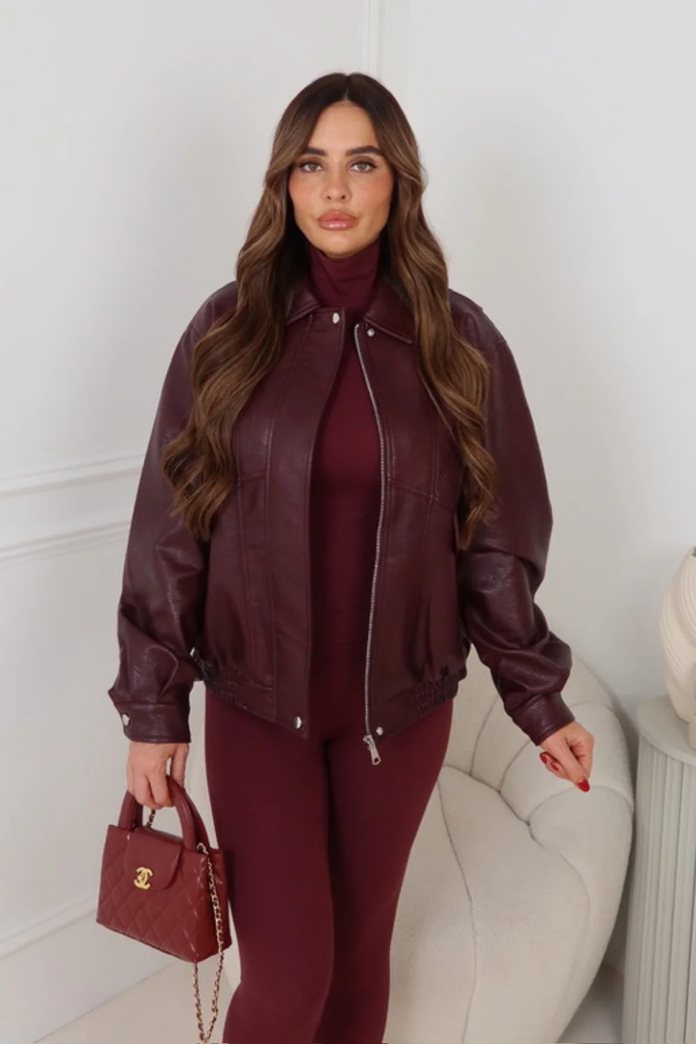 ORLA BURGUNDY FAUX LEATHER BOMBER JACKET - Image 4