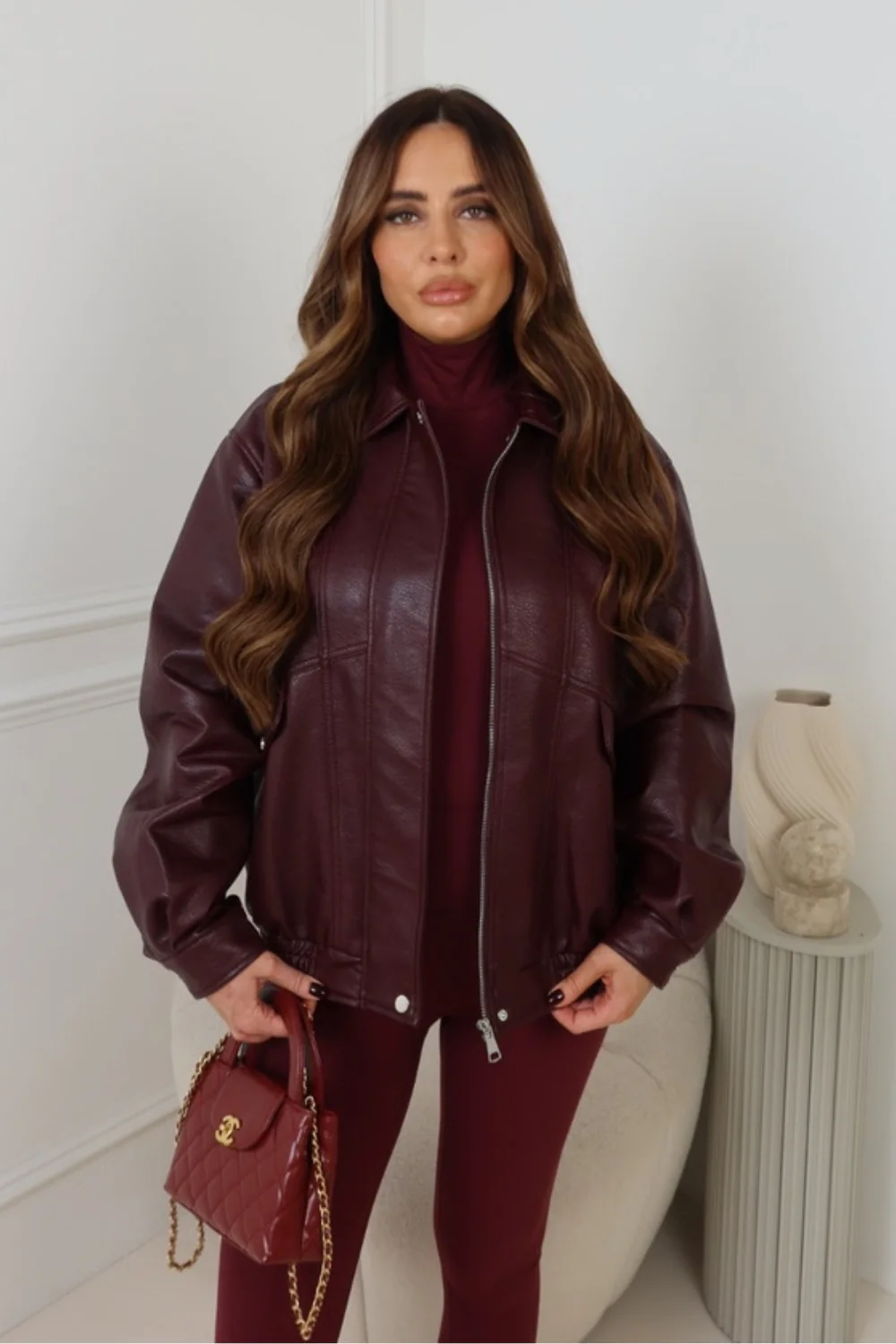 ORLA BURGUNDY FAUX LEATHER BOMBER JACKET - Image 5