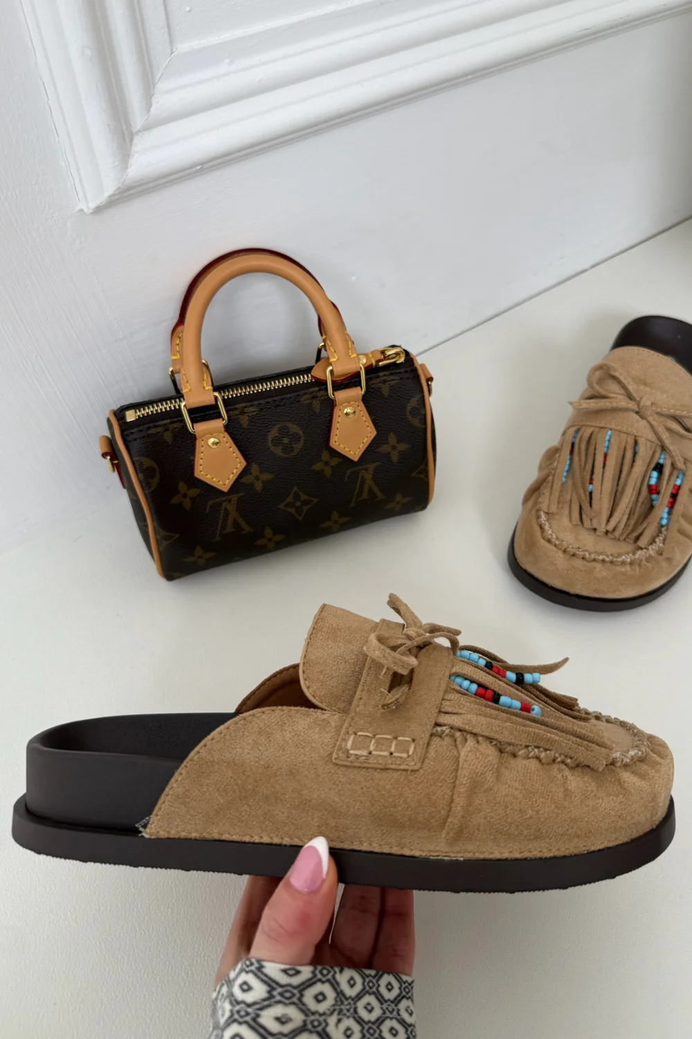 ORLANDA BEIGE FAUX SUEDE BEADED TASSLE MULE