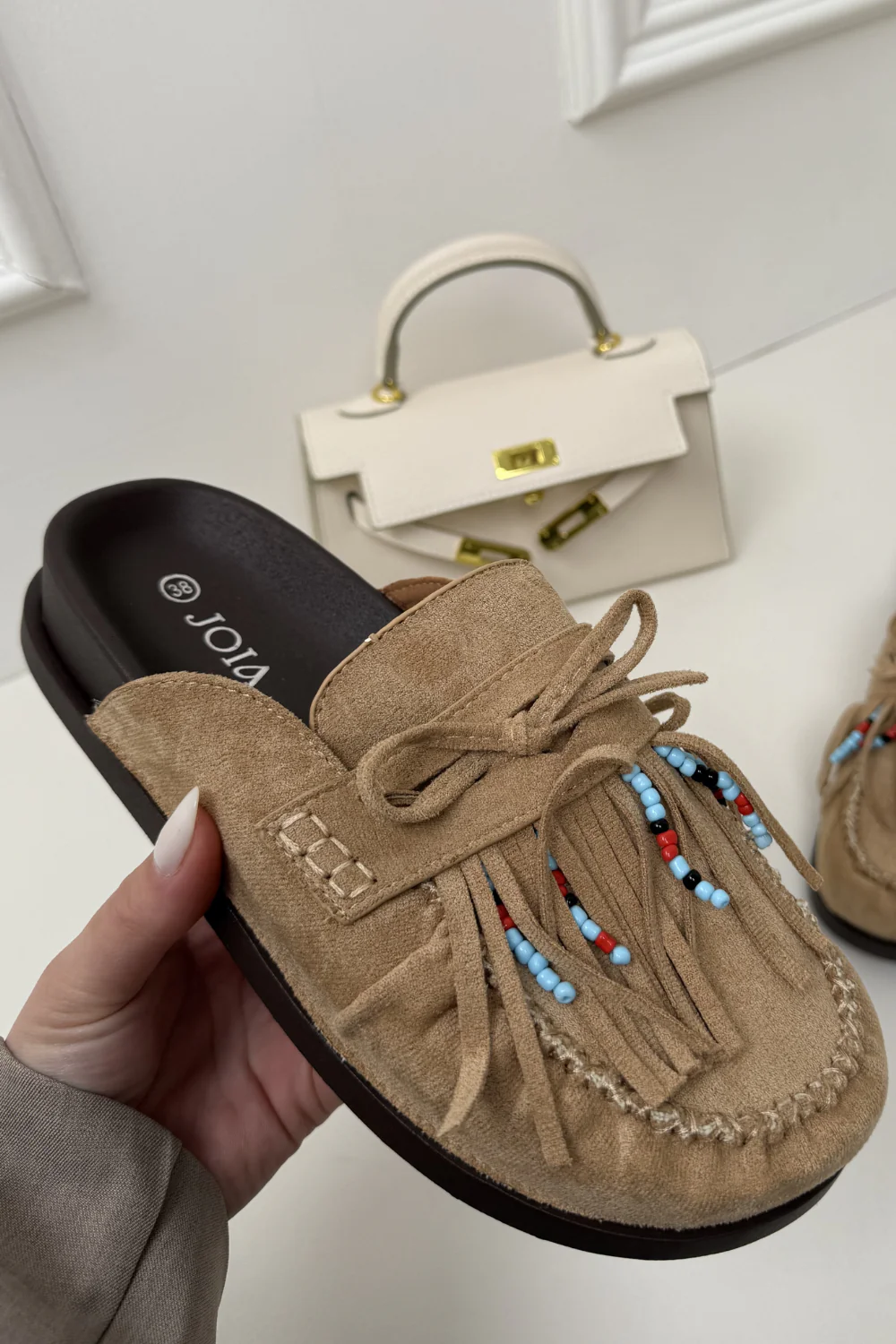 ORLANDA BEIGE FAUX SUEDE BEADED TASSLE MULE - Image 2