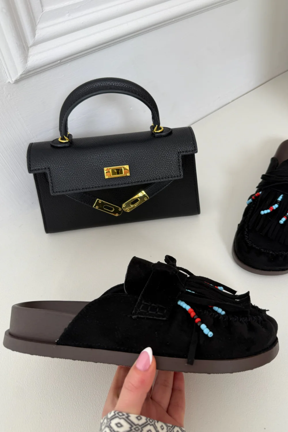 ORLANDA BLACK FAUX SUEDE BEADED TASSLE MULE