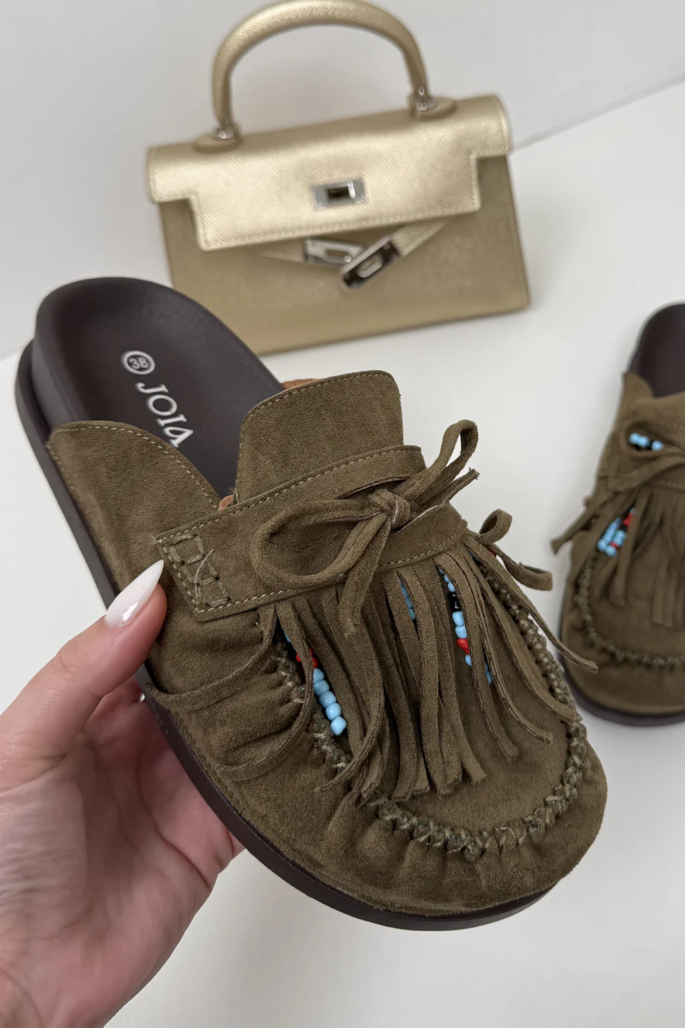 ORLANDA KHAKI FAUX SUEDE BEADED TASSLE MULE - Image 2