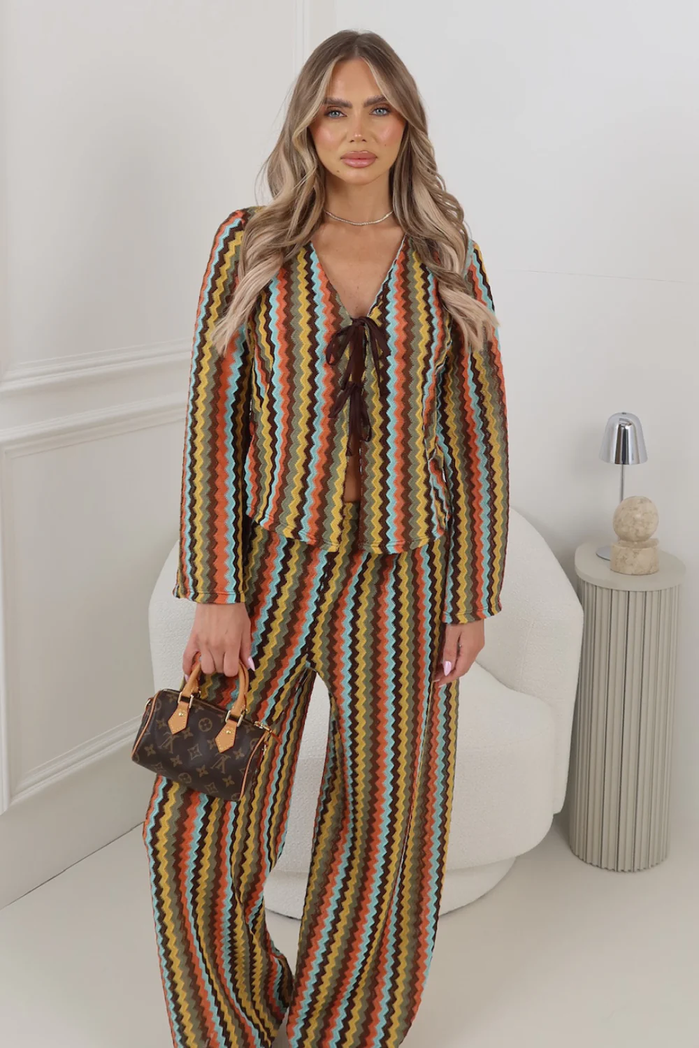 ORLANDO KHAKI MULTI STRIPED FRONT TIE TOP AND PANTS CO ORD TWO PIECE SET